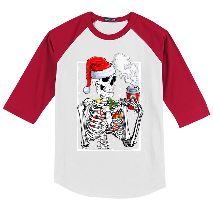 Christmas Skeleton With Smiling Skull Drinking Coffee Latte Kids Colorblock Raglan Jersey