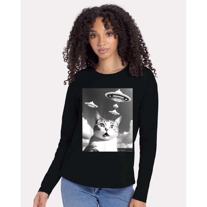 Cat Selfie With Alien UFO Spaceship Funny Cat Lovers Womens Cotton Relaxed Long Sleeve T-Shirt