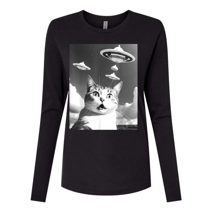 Cat Selfie With Alien UFO Spaceship Funny Cat Lovers Womens Cotton Relaxed Long Sleeve T-Shirt