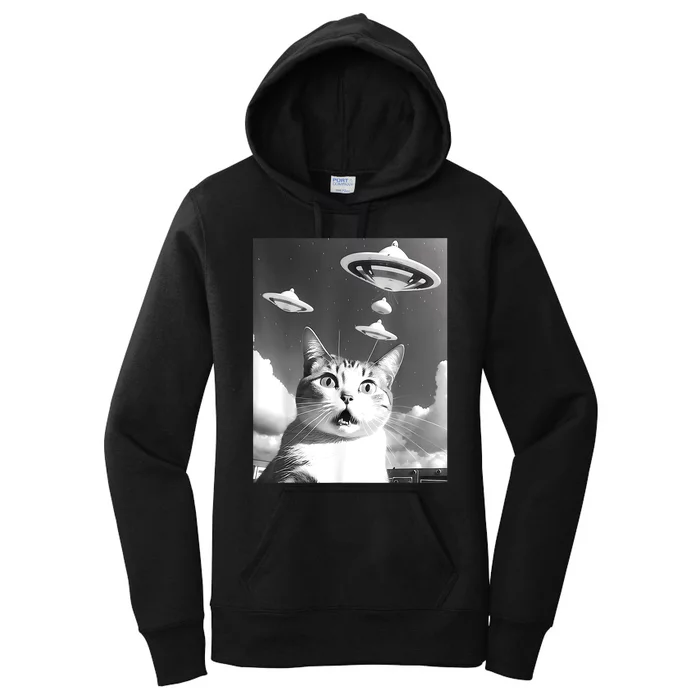 Cat Selfie With Alien UFO Spaceship Funny Cat Lovers Women's Pullover Hoodie