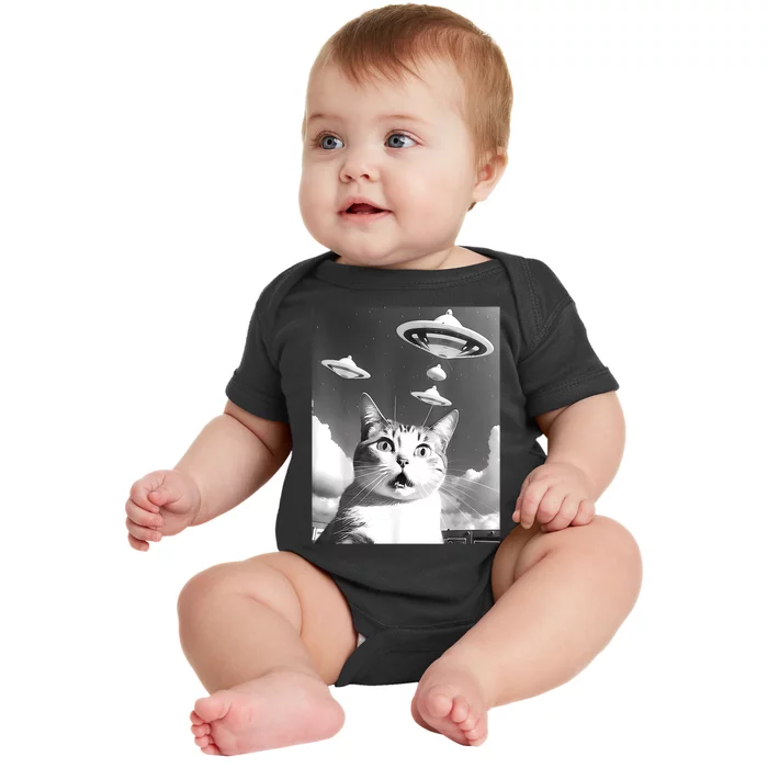 Cat Selfie With Alien UFO Spaceship Funny Cat Lovers Baby Bodysuit