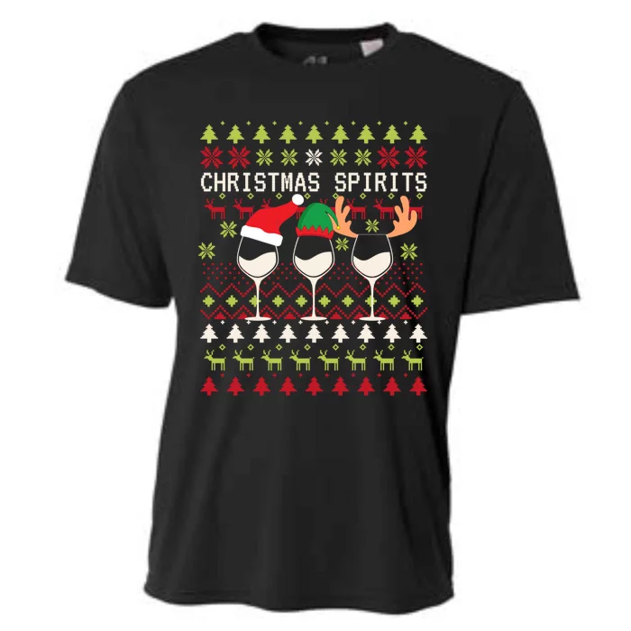 Christmas Spirits Wine Glasses Xmas Ugly Christmas Gift Cooling Performance Crew T-Shirt