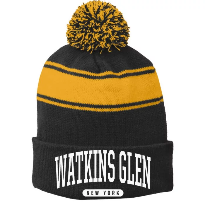 College Style Watkins Glen New York Souvenir Gift Stripe Pom Pom Beanie