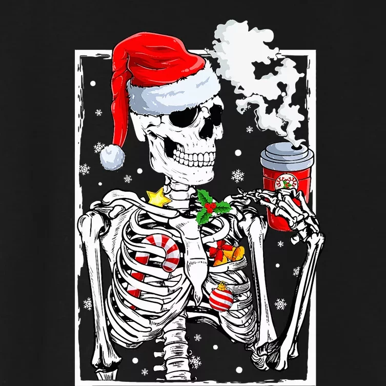 Christmas Skeleton With Smiling Skull Drinking Coffee Latte Women's Crop Top Tee