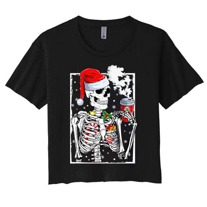 Christmas Skeleton With Smiling Skull Drinking Coffee Latte Women's Crop Top Tee