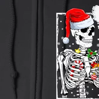 Christmas Skeleton With Smiling Skull Drinking Coffee Latte Full Zip Hoodie