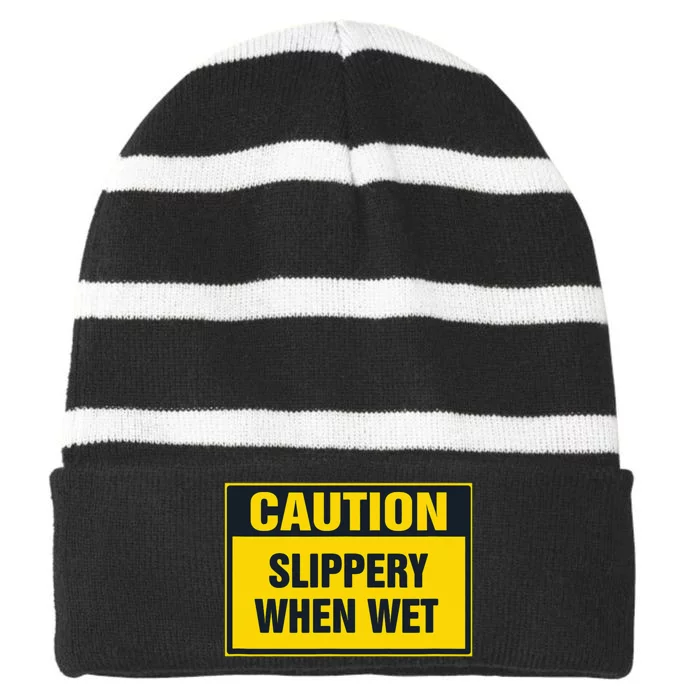 Caution Slippery When Wet Striped Beanie with Solid Band