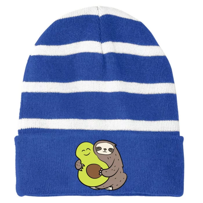 Cute Sloth With Avocado Vegan Cute Sloth Avocado Gift Striped Beanie with Solid Band