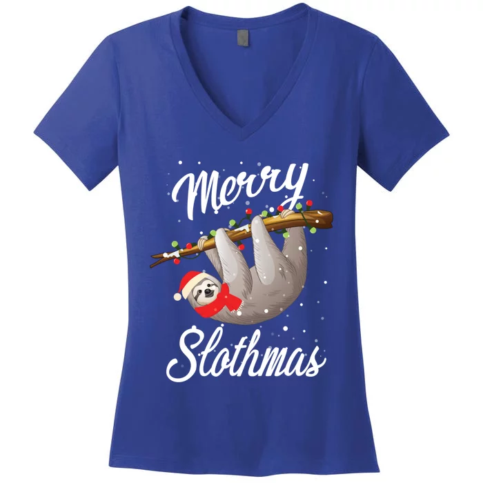 Christmas Sloth With Santa Hat Merry Slothmas Gift Women's V-Neck T-Shirt