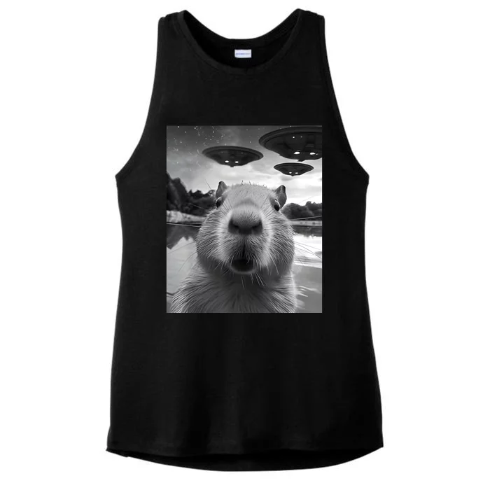 Capybara Selfie With Ufos Weird Ladies Tri-Blend Wicking Tank