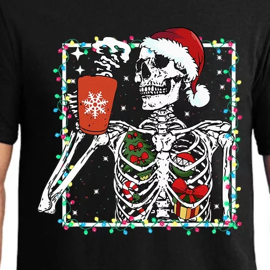 Christmas Skeleton With Smiling Skull Drinking Coffee Latte Pajama Set