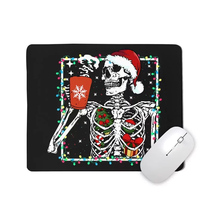 Christmas Skeleton With Smiling Skull Drinking Coffee Latte Mousepad