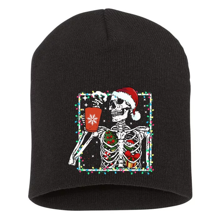 Christmas Skeleton With Smiling Skull Drinking Coffee Latte Short Acrylic Beanie