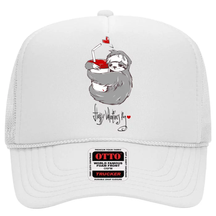 Cute Sloth With Cup Happy Valentines Day High Crown Mesh Trucker Hat