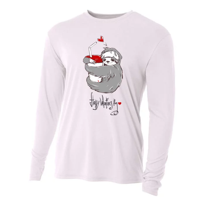 Cute Sloth With Cup Happy Valentines Day Cooling Performance Long Sleeve Crew