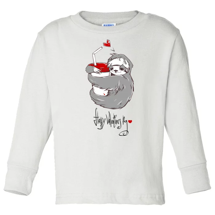 Cute Sloth With Cup Happy Valentines Day Toddler Long Sleeve Shirt