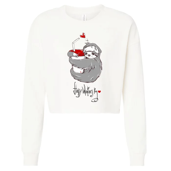 Cute Sloth With Cup Happy Valentines Day Cropped Pullover Crew