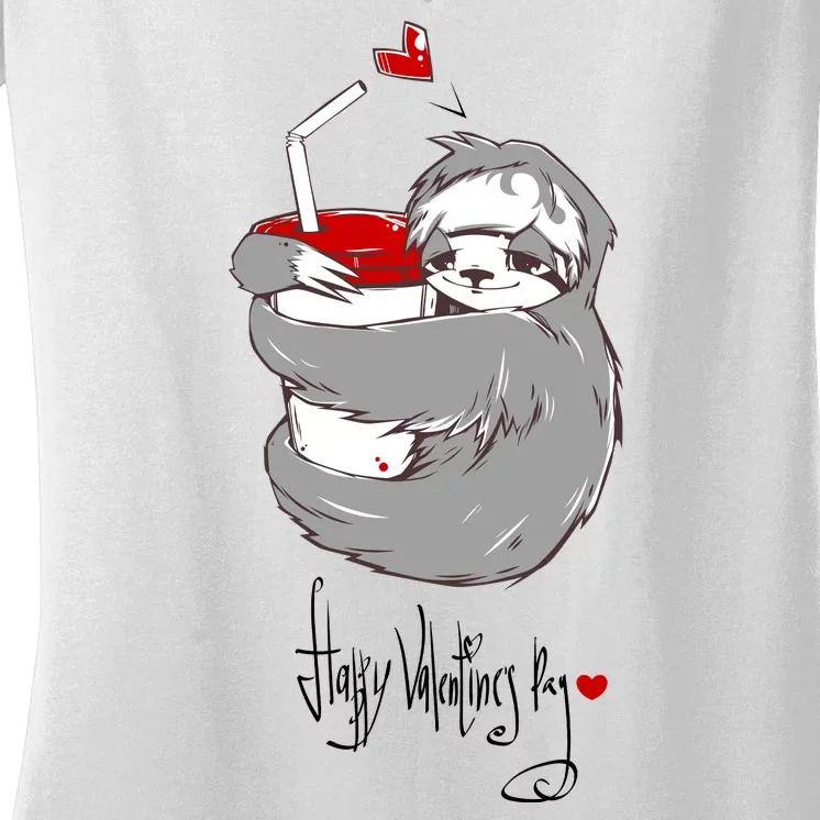 Cute Sloth With Cup Happy Valentines Day Women's V-Neck T-Shirt