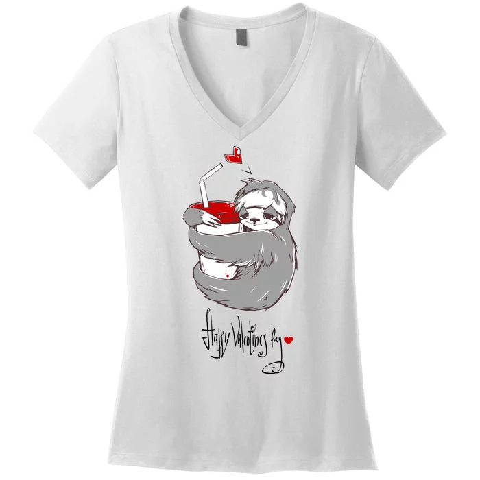 Cute Sloth With Cup Happy Valentines Day Women's V-Neck T-Shirt