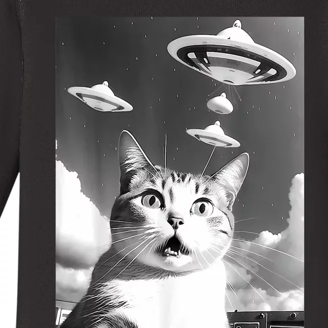 Cat Selfie With Alien UFO Spaceship Funny Cat Lovers Baby Long Sleeve Bodysuit