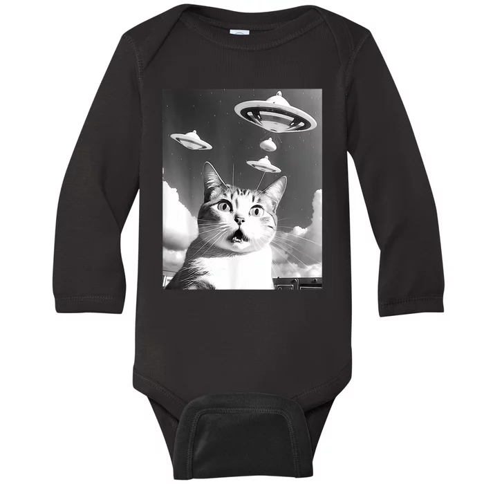 Cat Selfie With Alien UFO Spaceship Funny Cat Lovers Baby Long Sleeve Bodysuit