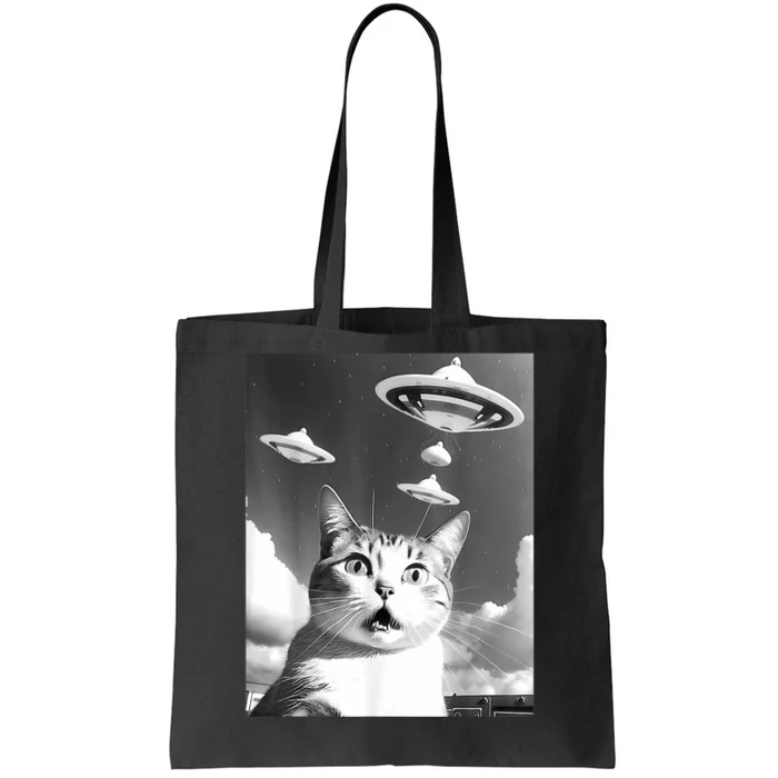 Cat Selfie With Alien UFO Spaceship Funny Cat Lovers Tote Bag