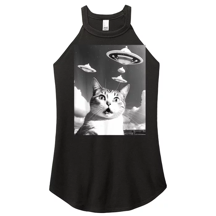 Cat Selfie With Alien UFO Spaceship Funny Cat Lovers Women’s Perfect Tri Rocker Tank