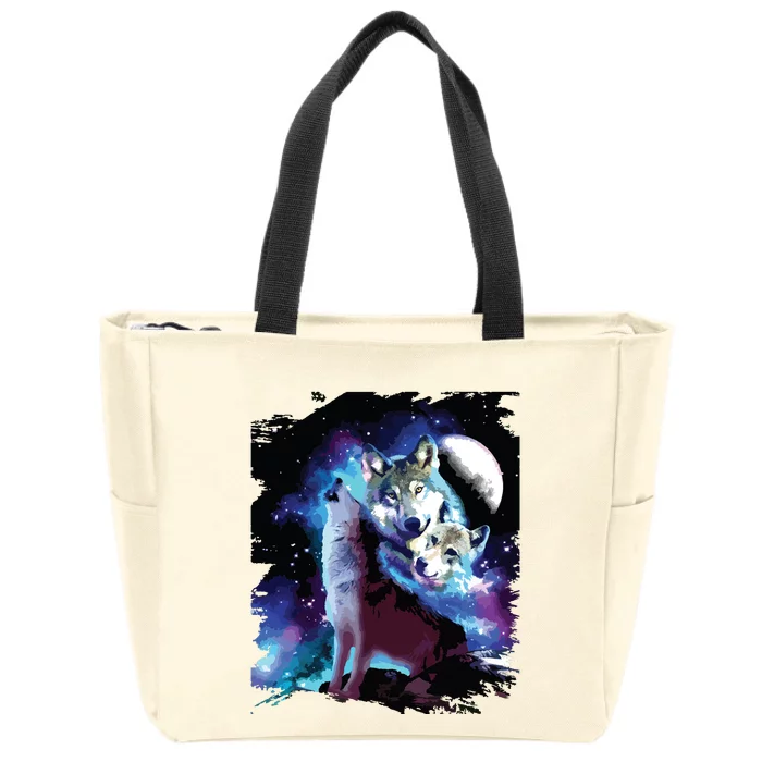 Cosmic Space Wolf Wolves Family Howling At Moon Zip Tote Bag