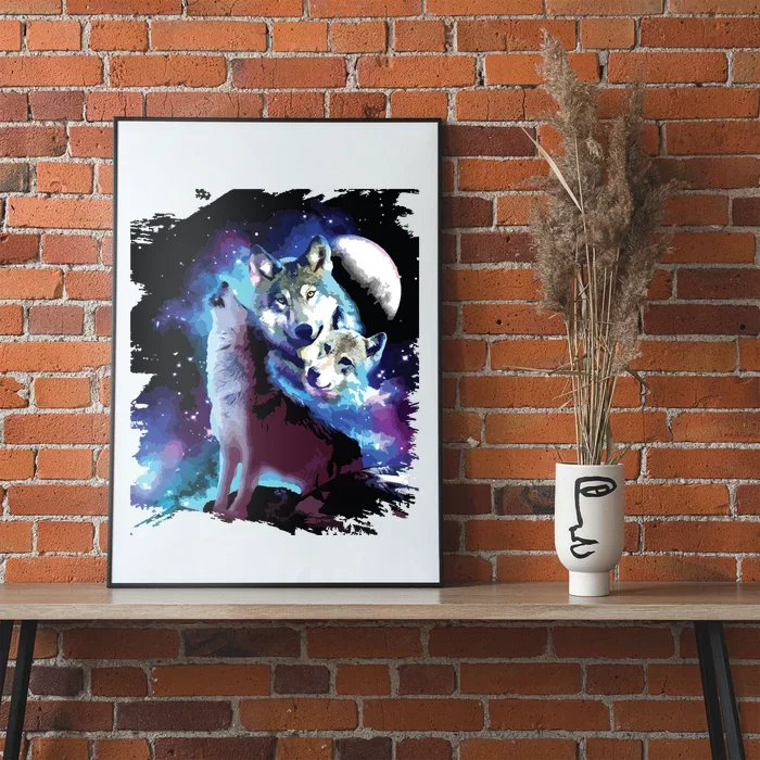 Cosmic Space Wolf Wolves Family Howling At Moon Poster