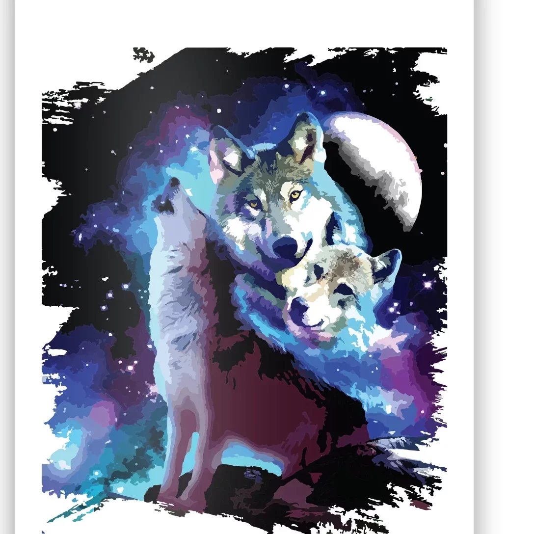 Cosmic Space Wolf Wolves Family Howling At Moon Poster