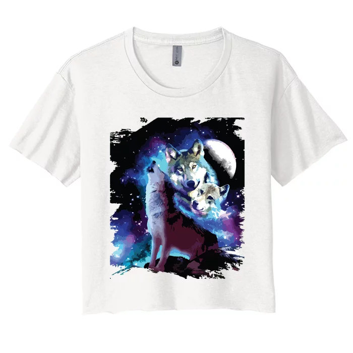 Cosmic Space Wolf Wolves Family Howling At Moon Women's Crop Top Tee