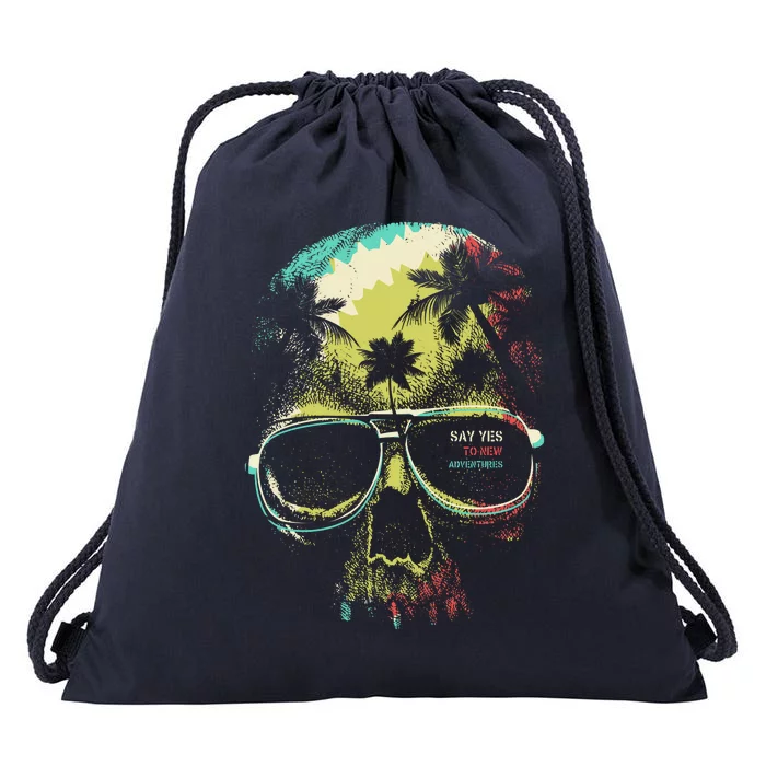 Cool Say Yes To New Adventures Tropical Grunge Skull Drawstring Bag