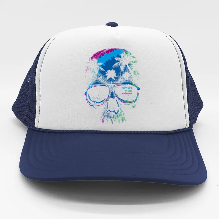 Cool Say Yes To New Adventures Tropical Grunge Skull Trucker Hat