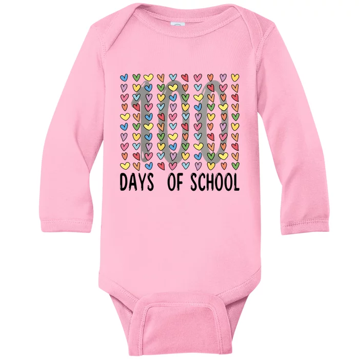 Cute Teacher 100 Days Of School Hearts Baby Long Sleeve Bodysuit