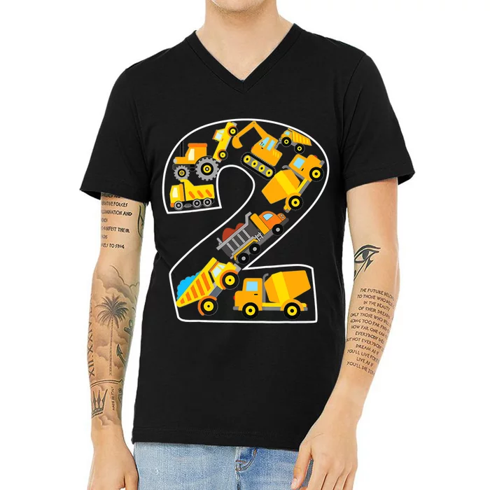 Construction Truck 2nd Birthday 2 Years Old Digger Builder V-Neck T-Shirt