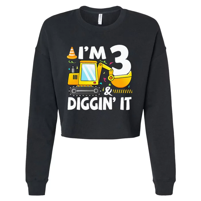 Construction Truck 3rd Birthday 3 Three Excavator Digger Cropped Pullover Crew