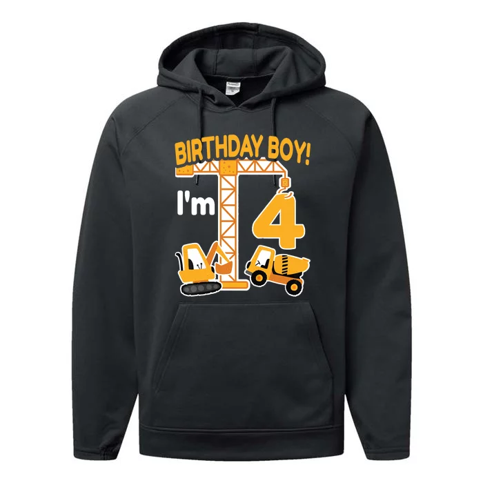 Construction Truck 4nd Birthday 4 Year Old Boy Excavator Performance Fleece Hoodie