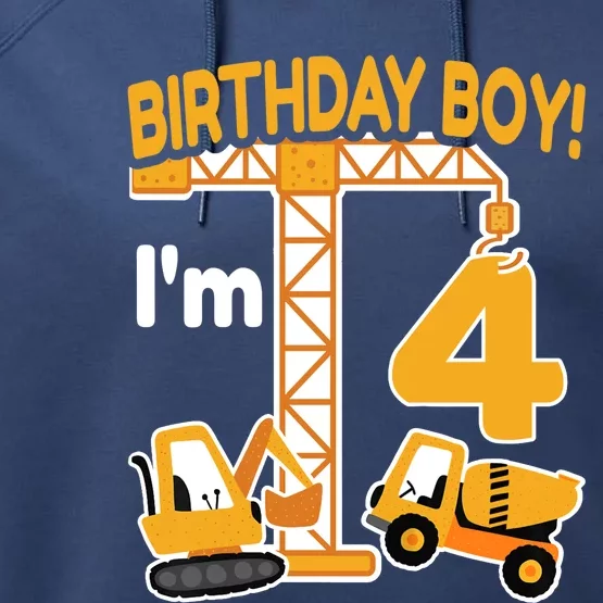 Construction Truck 4nd Birthday 4 Year Old Boy Excavator Performance Fleece Hoodie