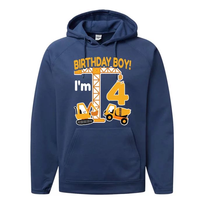 Construction Truck 4nd Birthday 4 Year Old Boy Excavator Performance Fleece Hoodie