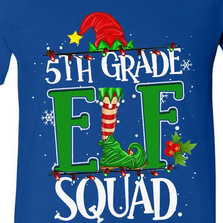 Christmas Teacher 5th Grade Elf Squad Xmas Lights Pajamas V-Neck T-Shirt