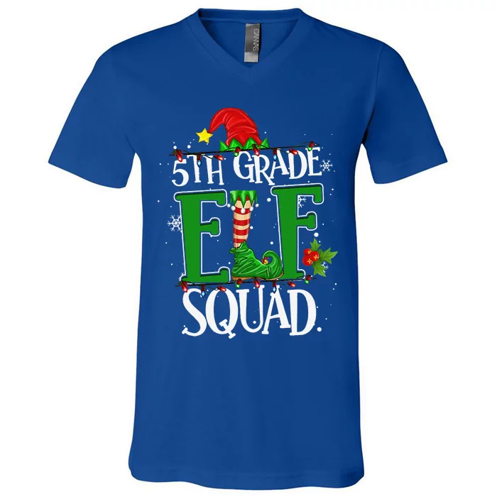 Christmas Teacher 5th Grade Elf Squad Xmas Lights Pajamas V-Neck T-Shirt