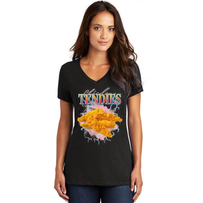 Chicken Tendies 90s Bootleg Style Foodie Funny Meme Women's V-Neck T-Shirt