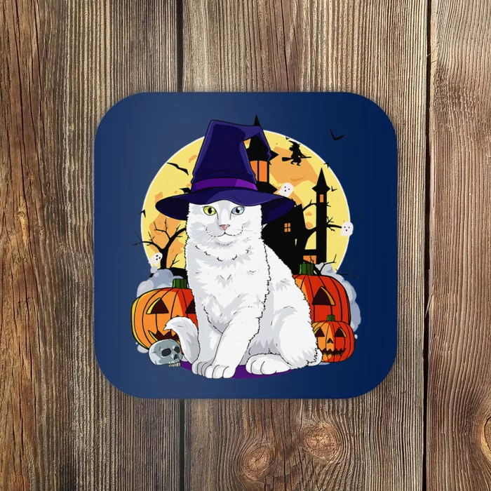 Cute Turkish Angora Cat Halloween Witch Pumpkin Coaster