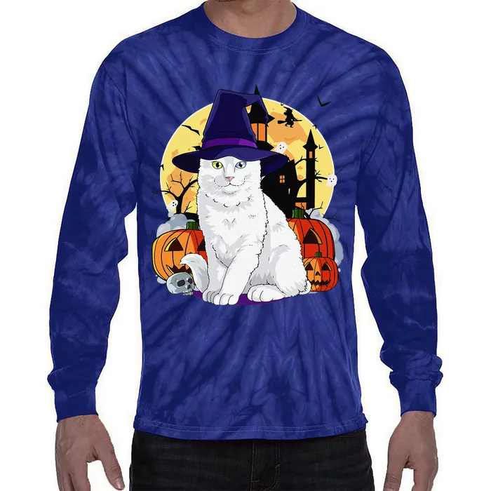 Cute Turkish Angora Cat Halloween Witch Pumpkin Tie-Dye Long Sleeve Shirt