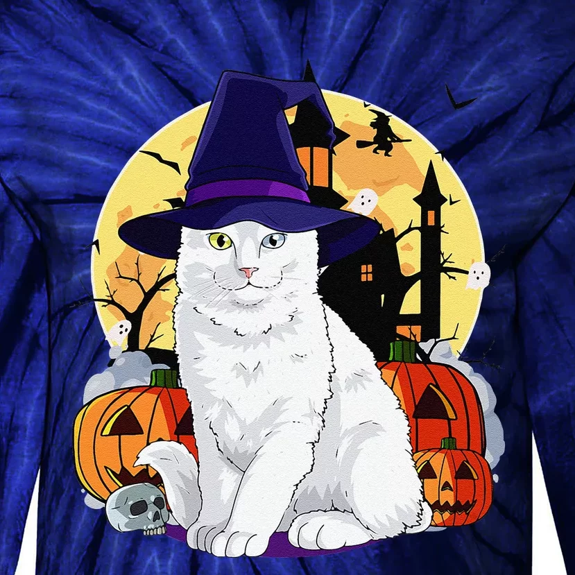 Cute Turkish Angora Cat Halloween Witch Pumpkin Tie-Dye Long Sleeve Shirt