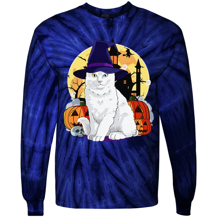 Cute Turkish Angora Cat Halloween Witch Pumpkin Tie-Dye Long Sleeve Shirt