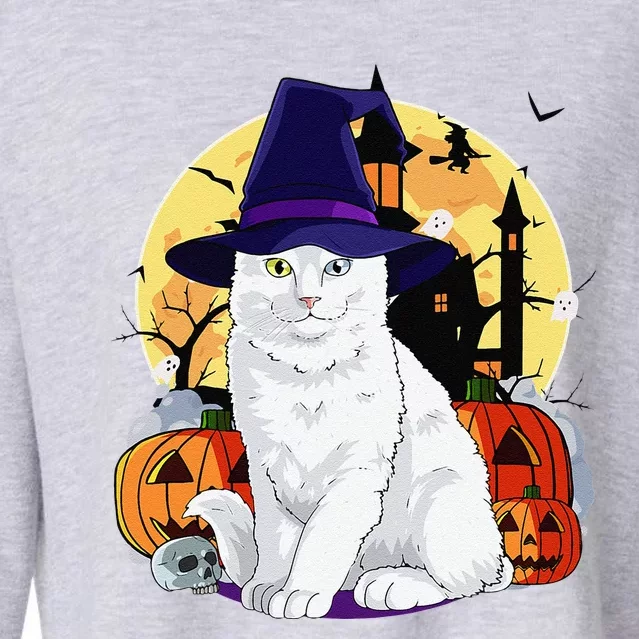 Cute Turkish Angora Cat Halloween Witch Pumpkin Cropped Pullover Crew