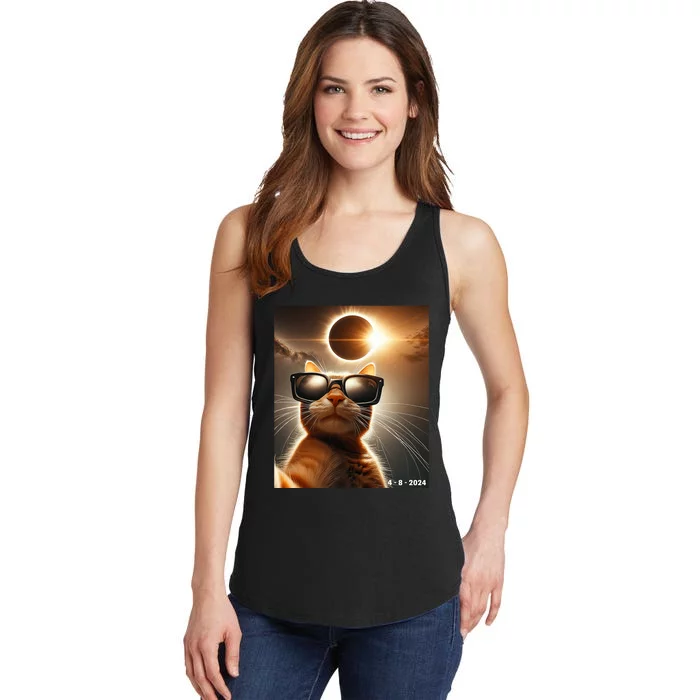 Cat Taking A Selfie With Solar 2024 Eclipse Wearing Glasses Ladies Essential Tank