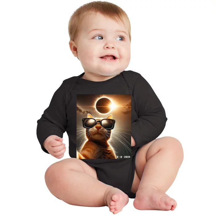 Cat Taking A Selfie With Solar 2024 Eclipse Wearing Glasses Baby Long Sleeve Bodysuit