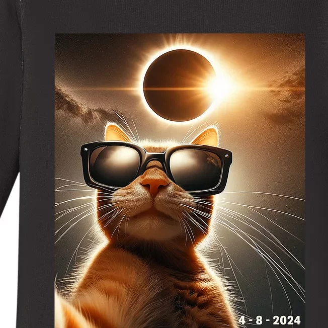 Cat Taking A Selfie With Solar 2024 Eclipse Wearing Glasses Baby Long Sleeve Bodysuit